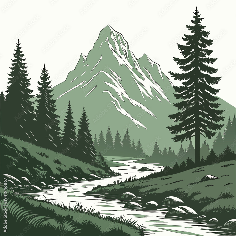 Fototapeta premium Serene mountain landscape with river and pine trees 2