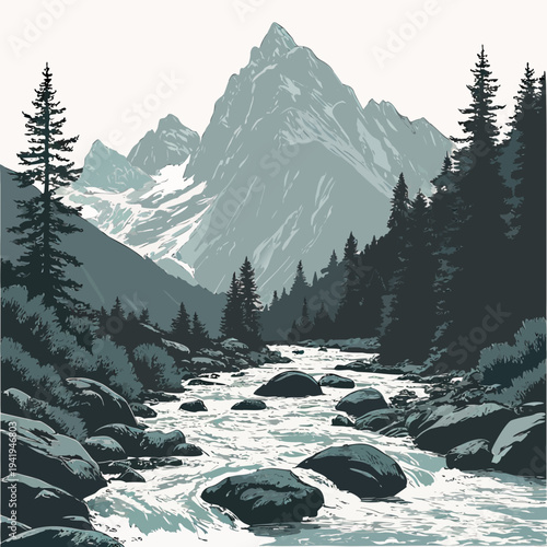 Mountain landscape with rushing river and trees nature
