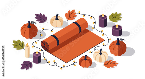 Autumn yoga mat surrounded by pumpkins, leaves, candles, and festive lights in a cozy fall setting