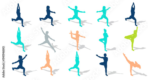 Colorful silhouettes of people practicing yoga poses in various styles