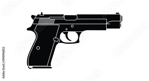 A stark black silhouette of a handgun showcasing its form and metallic structure silhouette high quality