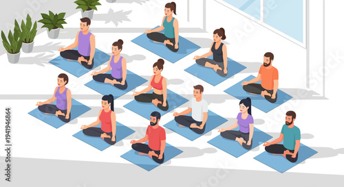 Group meditation class in isometric style with diverse participants practicing yoga indoors