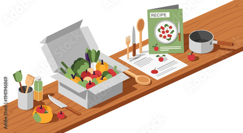 Isometric fresh produce delivery box with cooking ingredients and recipe on wooden table