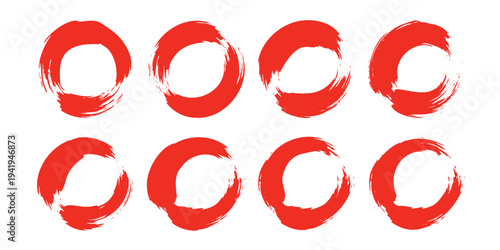 Red brush circle set. Ink paint round frames and grunge enso brush strokes vector.