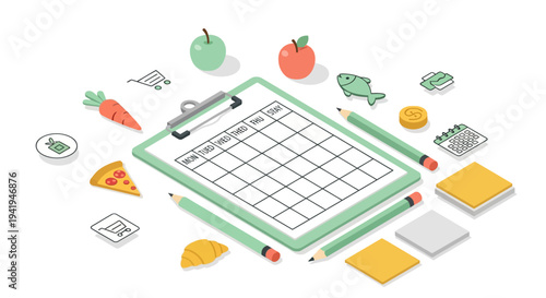 Weekly meal planner with food and icons in isometric style