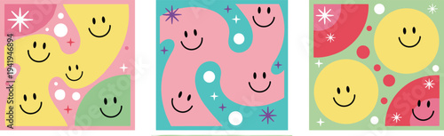 Colorful abstract panels with smiling faces, vibrant shapes, sparkles, and decorative elements, playful illustration for creative artwork, children’s projects, and modern design backgrounds