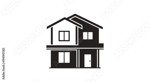 A stark black silhouette of a two story house with a simple geometric design silhouette high quality