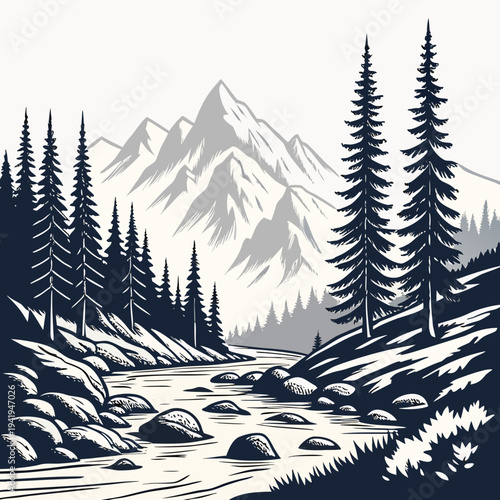 Monochrome alpine landscape with mountain range pine trees and river