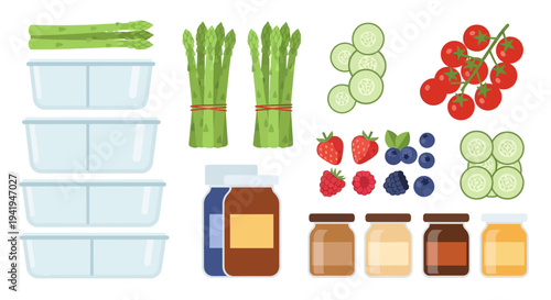 Fresh produce and containers in flat design