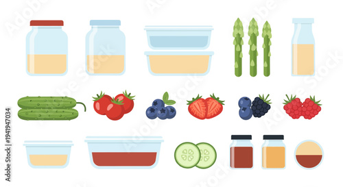 Flat design kitchen elements: jars, containers, vegetables, fruits, and spices