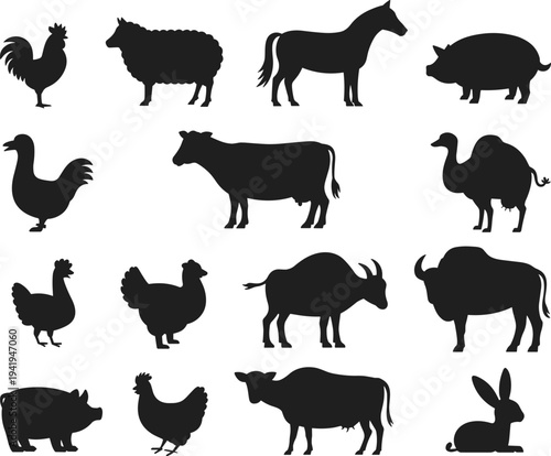 Farm animals silhouette set including rooster, sheep, horse, pig, cow, goat, camel, buffalo and rabbit, black livestock icons isolated on light background