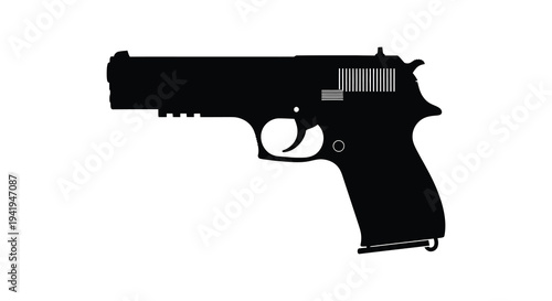 A stark black silhouette of a handgun rests against a white background conveying power and danger silhouette