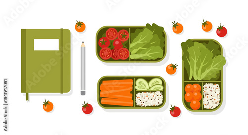 Flat design meal prep with healthy vegetables and notebook