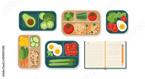 Flat style lunchbox meal planning with fresh vegetables and notebook