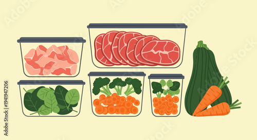 Flat design food storage with fresh vegetables and slices of meat in containers