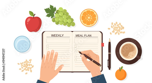 Weekly meal planner with healthy food and coffee in modern flat design