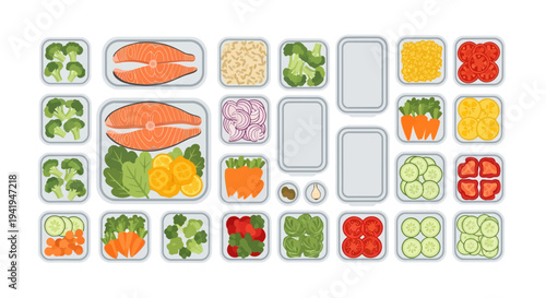 Meal prep containers with healthy foods and ingredients in flat design