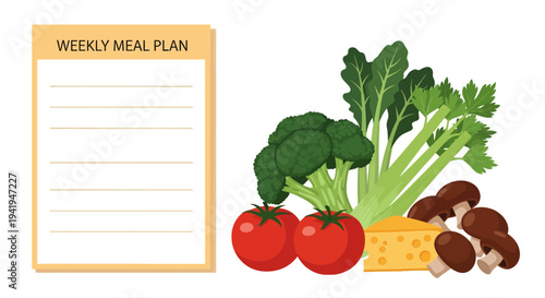 Weekly meal planner with fresh vegetables and ingredients