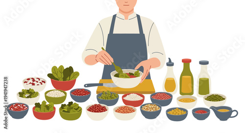 Chef preparing salad with fresh ingredients in modern kitchen setting