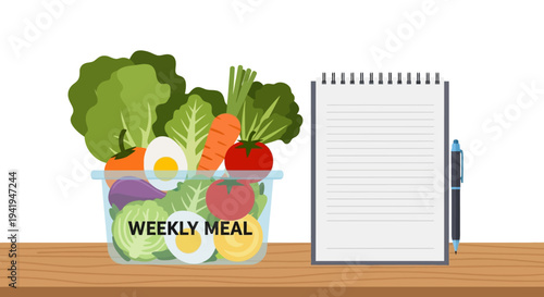 Weekly meal prep with fresh vegetables and meal planner