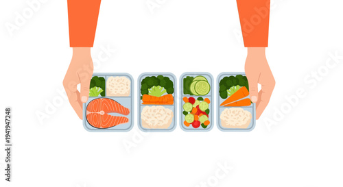 Healthy meal prep with salmon and vegetables in portion control containers