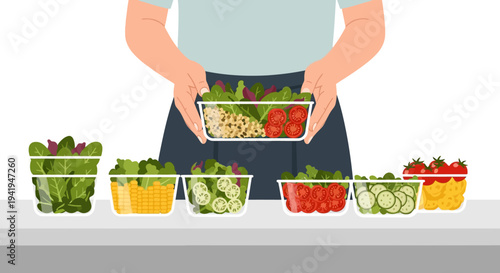 Meal prep with fresh vegetables and grains in containers on kitchen counter