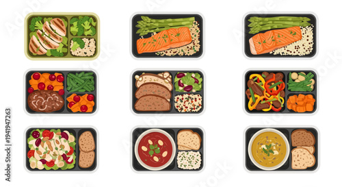 Assorted healthy meal prep with chicken, salmon, salads, and soups in containers