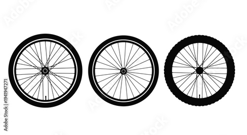 Three bicycle wheels in a row black graphic silhouette