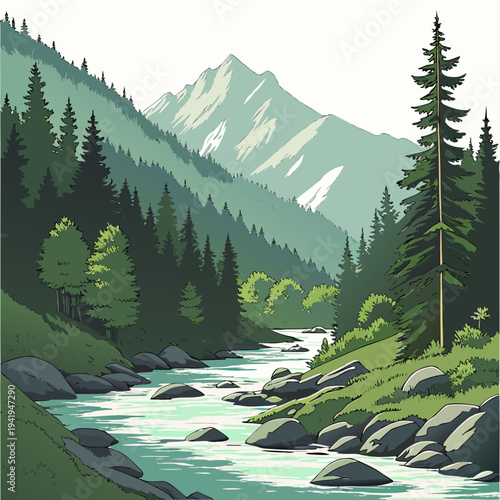 Alpine river valley with mountains and trees