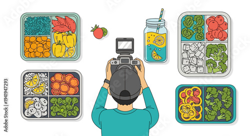 Overhead view of camera capturing healthy meal prep and refreshing lemonade