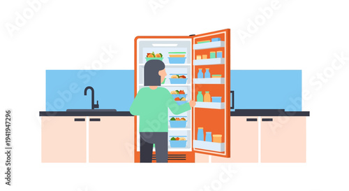 Woman exploring refrigerator contents in modern kitchen setting