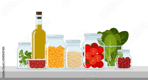 Assorted kitchen pantry filled with fresh ingredients and greens