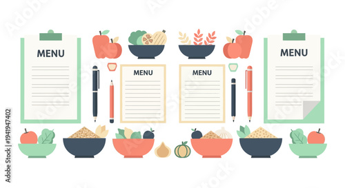 Flat style restaurant menu layout with colorful food elements and icons