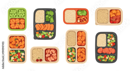 Colorful meal prep containers with diverse healthy foods on white background