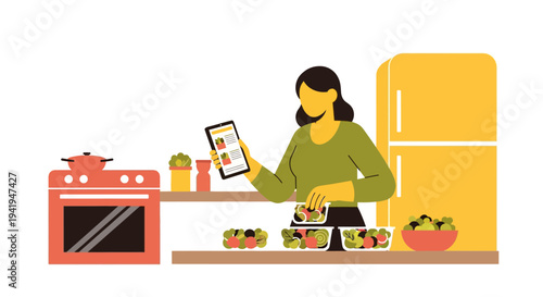 Woman meal prepping in modern kitchen with tablet and healthy ingredients