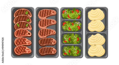 Flat style grilled meat with salad and mashed potatoes in meal prep containers