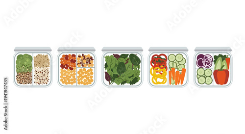 Colorful meal prep containers with fresh vegetables and grains in a flat design