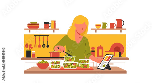 Woman prepares healthy salad meal prep in modern kitchen with tablet