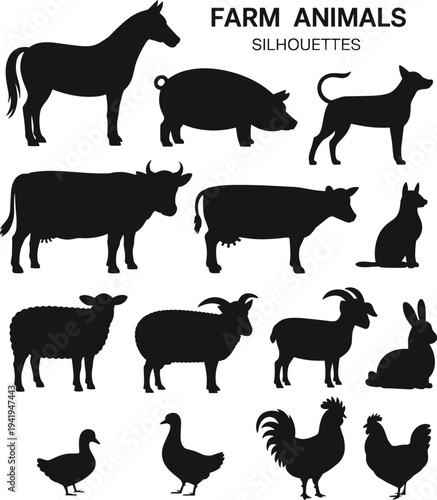 Farm animals silhouettes collection including horse, pig, cow, dog, sheep, goat, rabbit, duck and rooster, black livestock icons isolated on light background