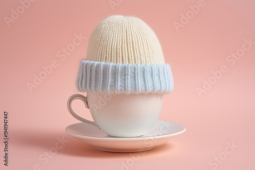 Cup with a knitted hat on a pink background with simple design and soft colors