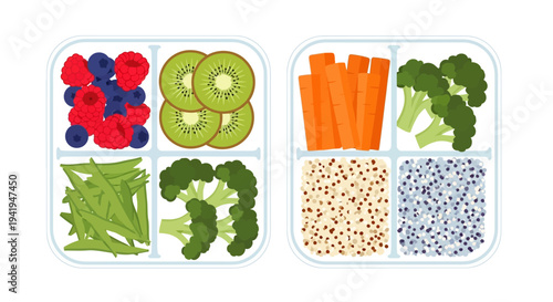 Colorful bento box with fresh fruits and vegetables in quadrants