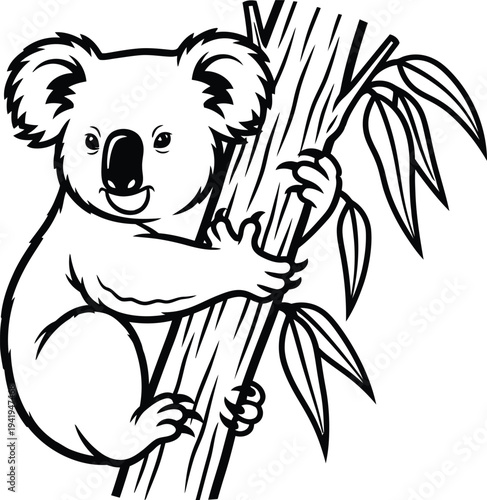 Koala clinging to a tree trunk with leaves