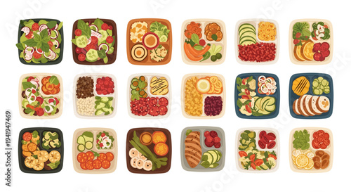 Colorful flat style assorted food bowls with fresh ingredients for healthy eating