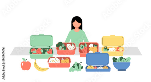 Meal prep and healthy eating with colorful lunch boxes and fresh produce in flat design
