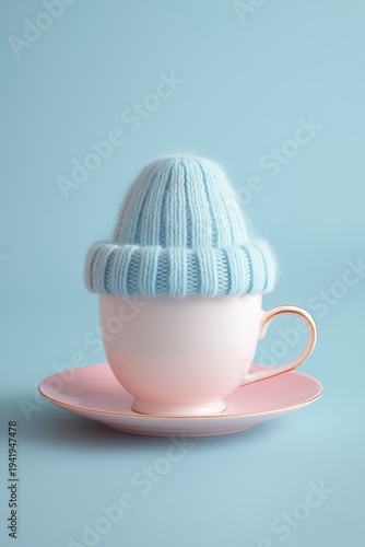 Coffee cup with blue knitted hat on a pastel plate in a simple background