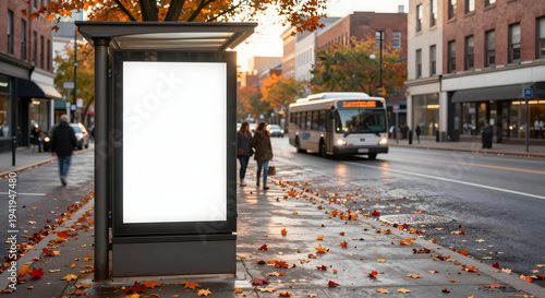A bus is driving down the street