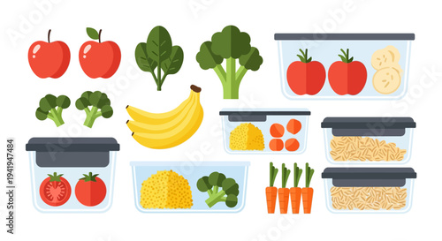 Meal prep containers with fresh vegetables and fruits in flat design