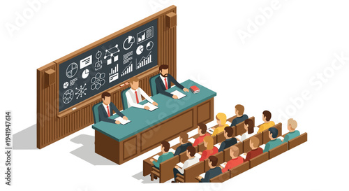 Isometric classroom lecture with professors and students facing chalkboard