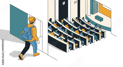 Isometric lecture hall with students seated and one entering class