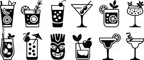 Black and white cocktail and tropical drink icons set, assorted alcoholic beverages and tiki bar symbols isolated on white background vector illustration collection.